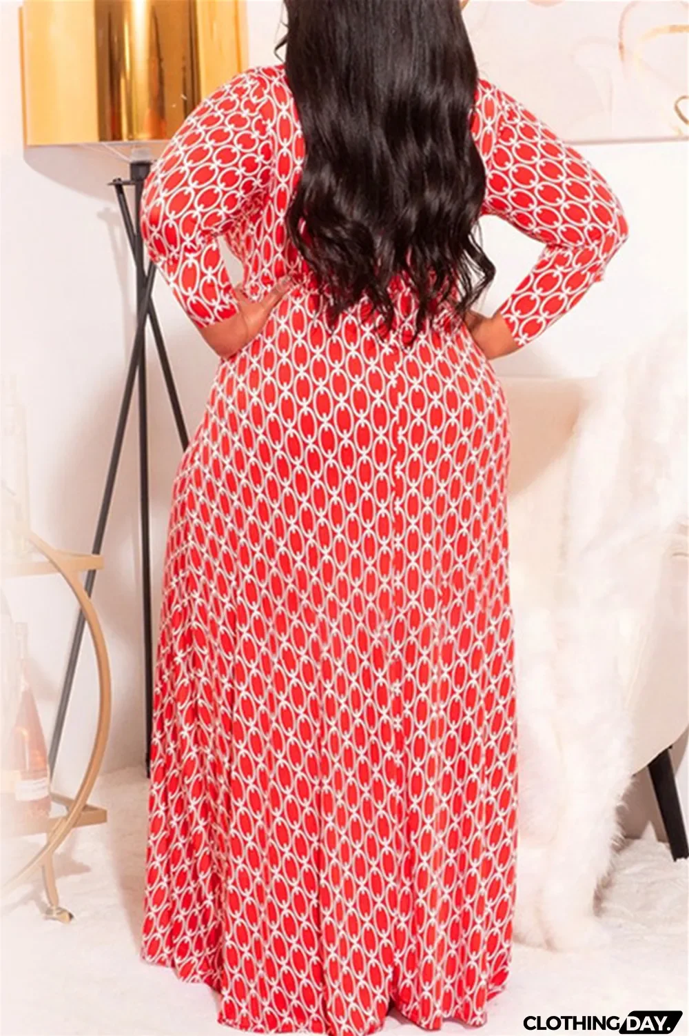 Green Fashion Casual Plus Size Print With Belt V Neck Long Sleeve Dresses