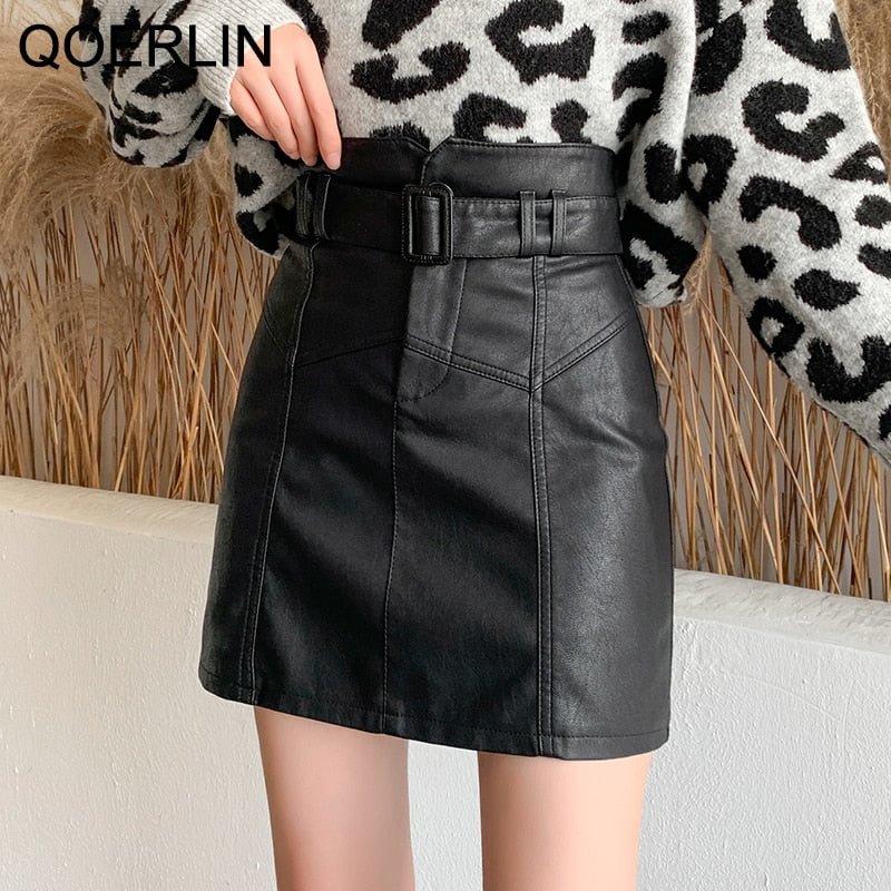 QoerliN Washed PU Leather Skirt Korean Slim High Waist Shorts Skirt Female Belt Mini Skirts Safety Liner Shorts Skirts