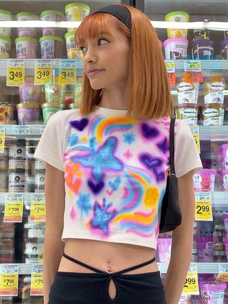 Jacqueline Summer 2022 Y2K Print Letter Crop Tops Women Fashion Cute Skinny Short Sleeve O Neck Baby T Shirts Aesthetics Kawaii