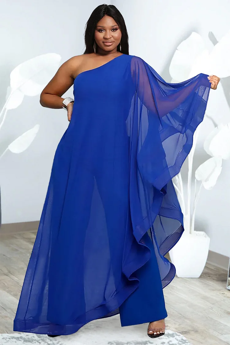 Xpluswear Design Plus Size Casual Pant Set Royal Blue Chiffon One Shoulder Asymmetrical Two Pieces Pants Set