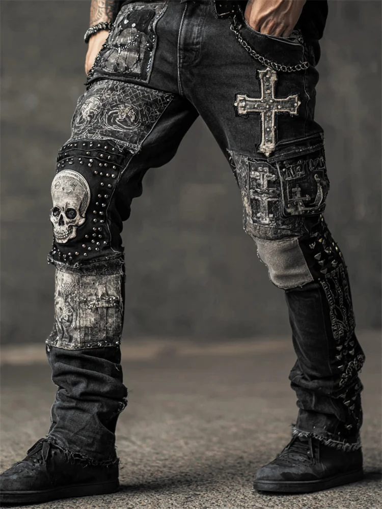 Men's Rock Style Skulls Cross Studded Patchwork Stretchy Jeans