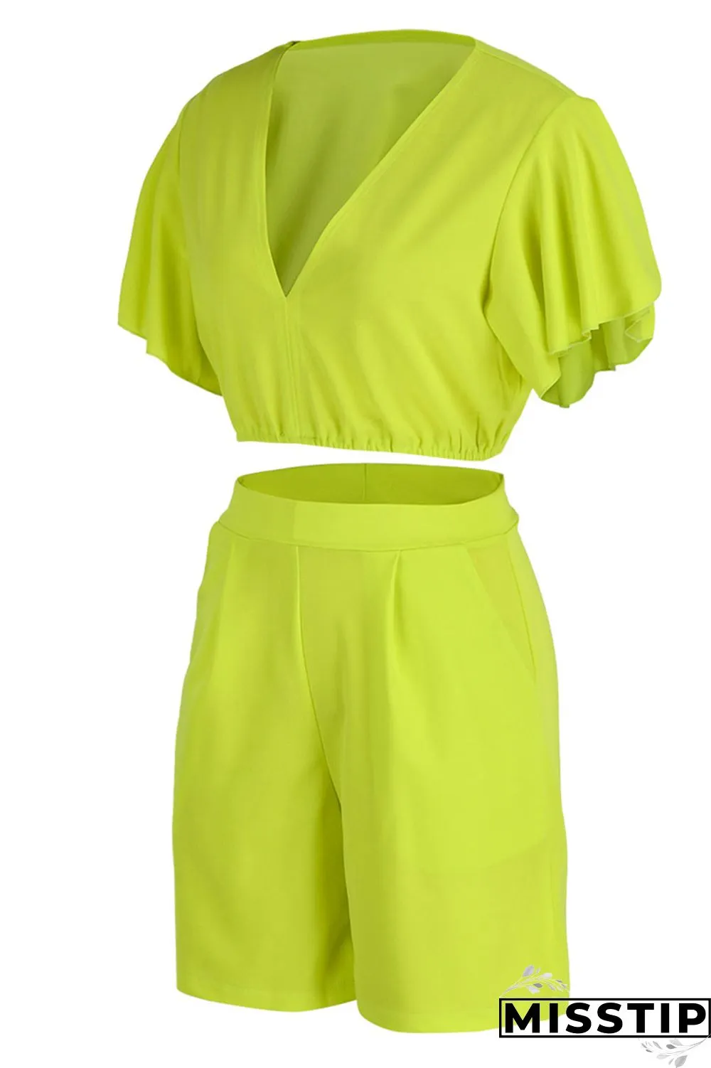Yellow Casual Solid Patchwork Flounce V Neck Short Sleeve Two Pieces