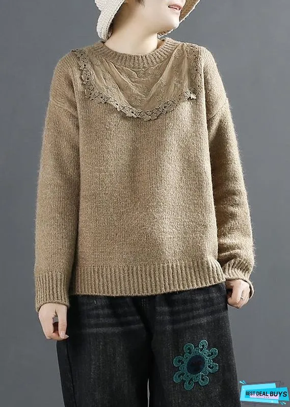 Women Coffee Top Patchwork Casual Sweaters
