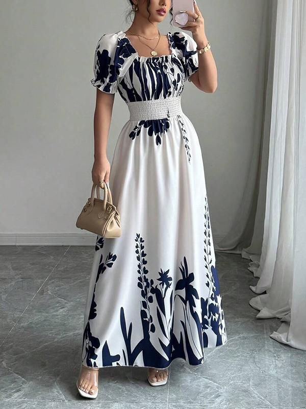 Puff Short Sleeve Ruched Detail Floral Print Maxi Dress