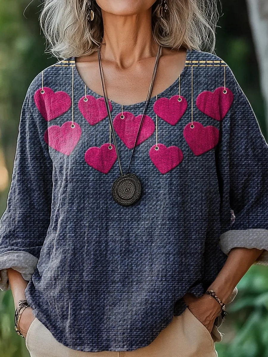 Valentine's Day Denim And Heart Pattern Printed Women's Casual Cotton And Linen Shirt