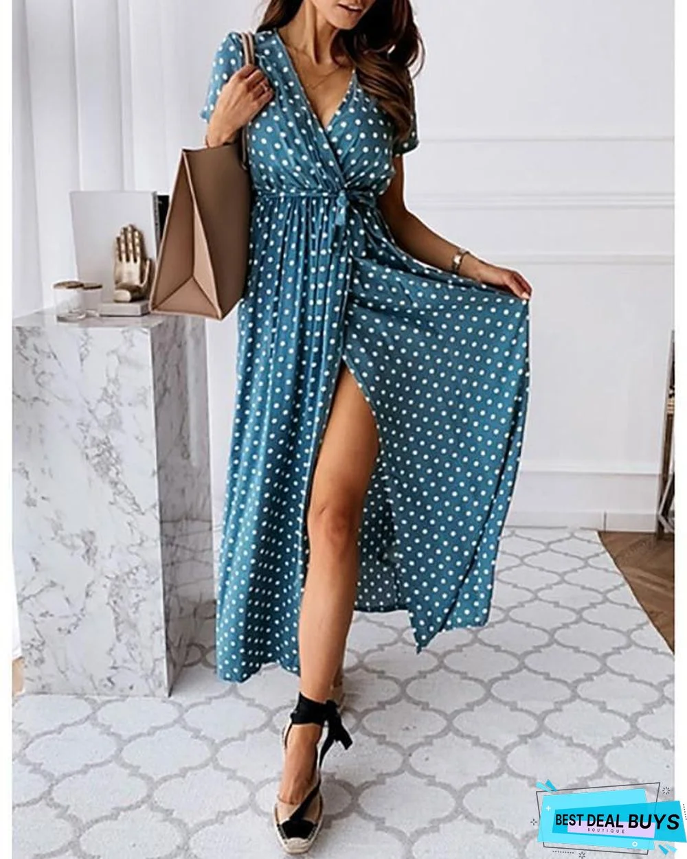 Women's Wrap Dress Maxi Long Dress - Short Sleeve Polka Dot Print Summer V Neck Hot Casual Sexy Black Blue Blushing Pink Dark Green Black Dresses