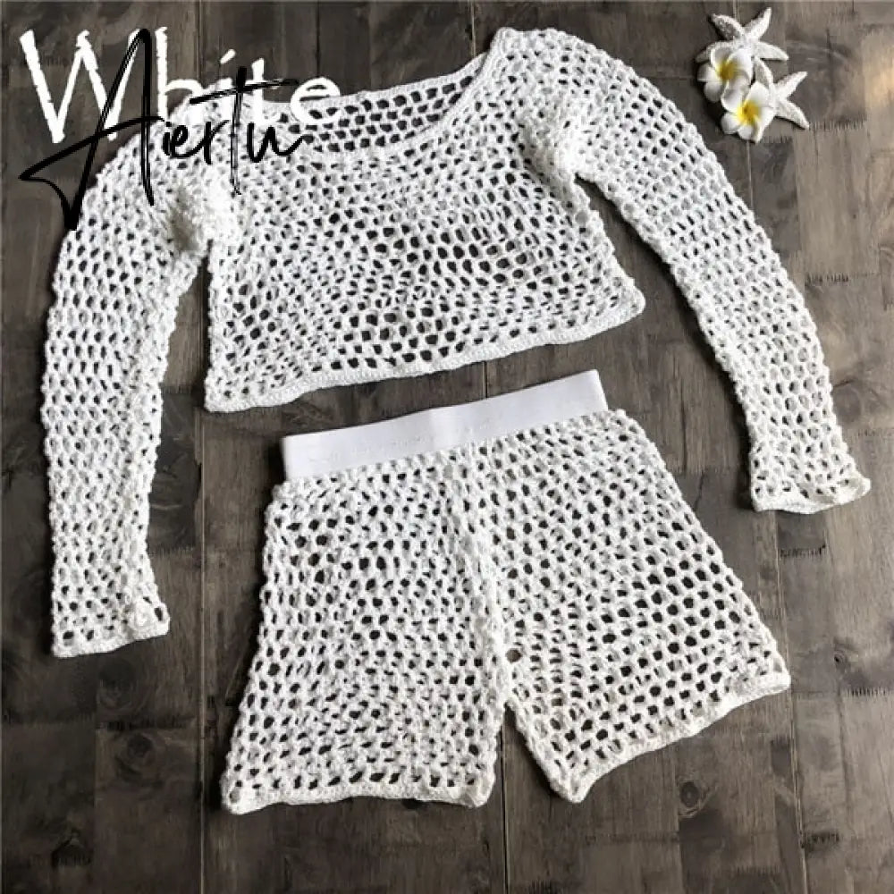 Swimsuit Female Bikini Crochet Beach Split Swimsuit Fishnet Hollow Out Mesh Bikini Cover Up Long Sleeve Beachwear Aiertu