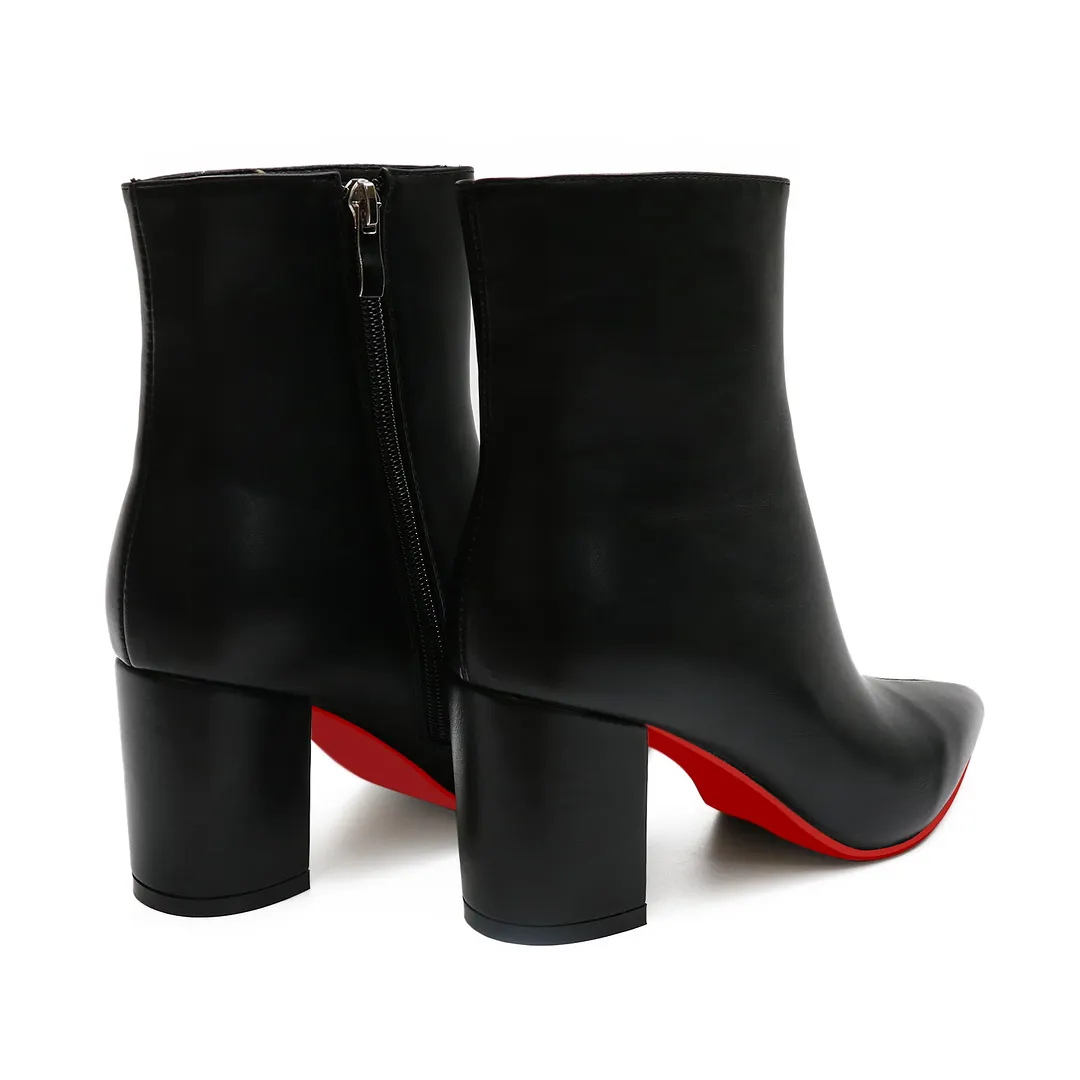 75mm Women's Zipper Pointed Toe Red Bottom Chunky Heel Ankle Boots-vocosishoes
