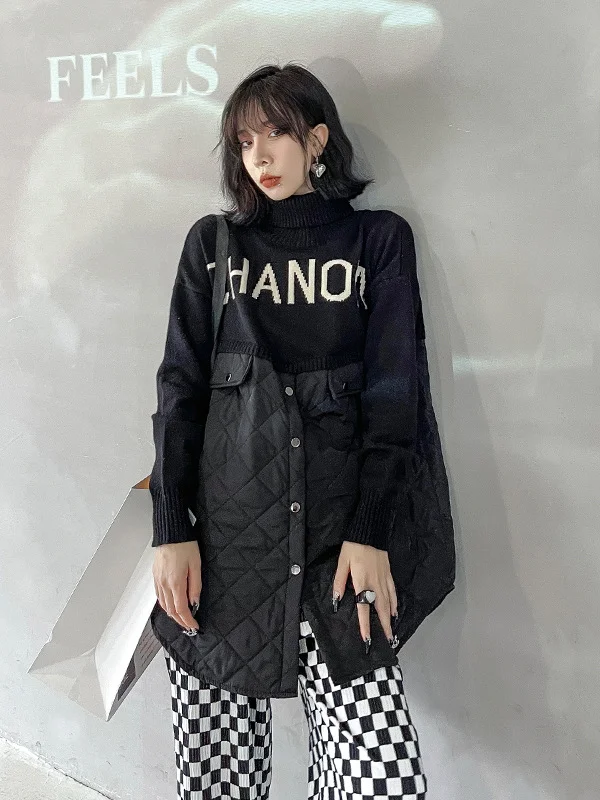 High Neck Spliced Cotton Sweater Jacket