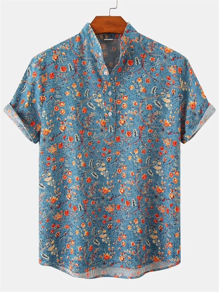 Summer New Flower Beach Short-sleeved Shirt Camouflage Printing Stand-up Collar Slim Type Shirt Men's Clothing