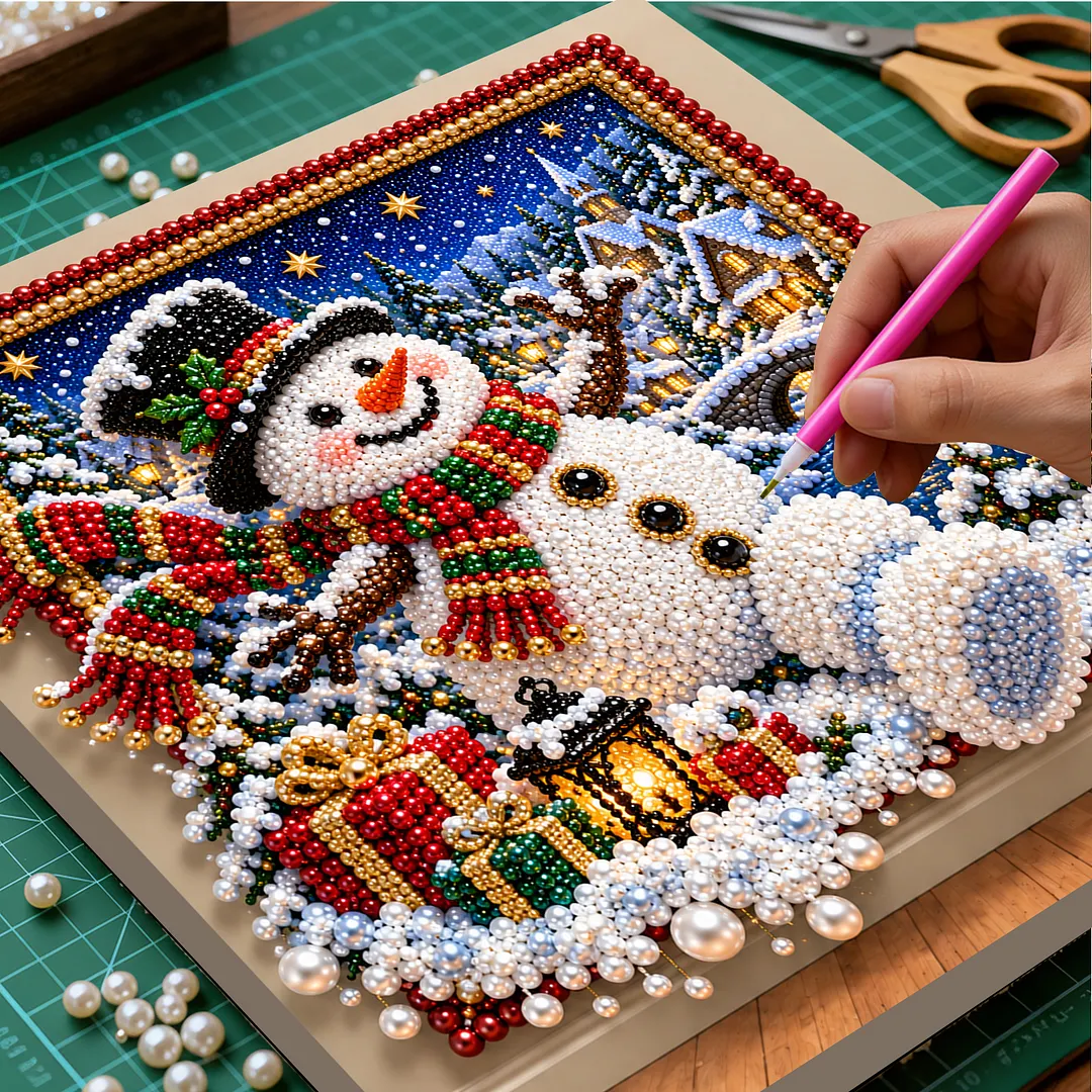 Framed Pearl Painting Kit Snowman Scene for Adults 30x30cm