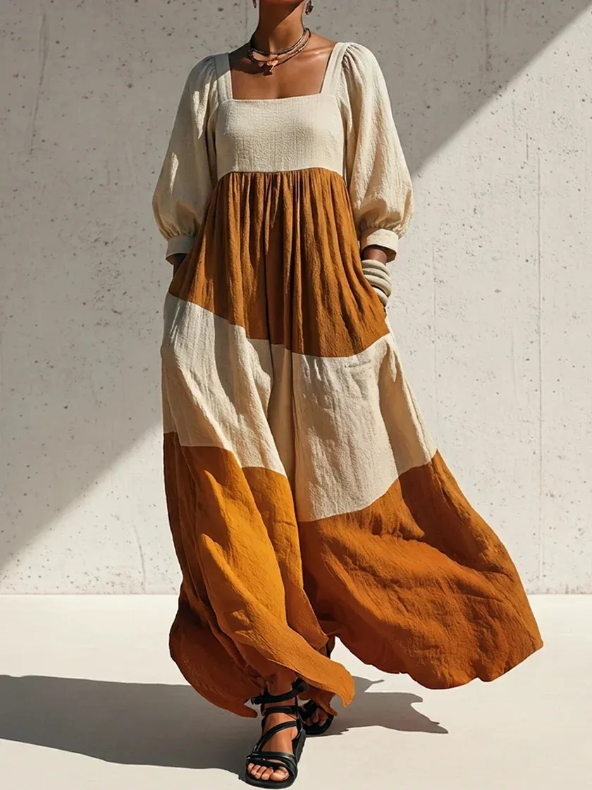 Women's Boho Color Block Square Neck Puff Sleeve Linen Maxi Dress