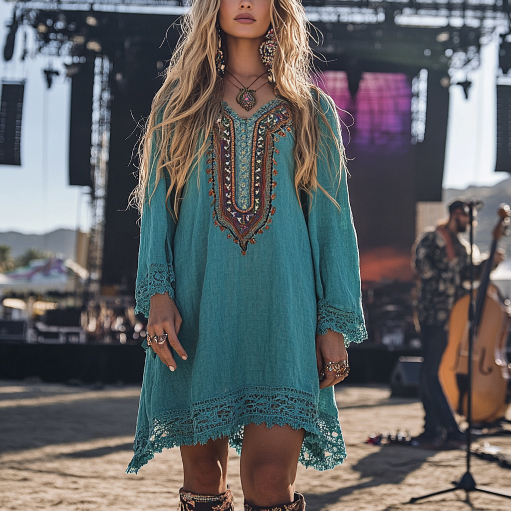 Coachella Music Festival Rock Party Carnival Vintage Wilderness Ethnic Bohemian Linen Dress