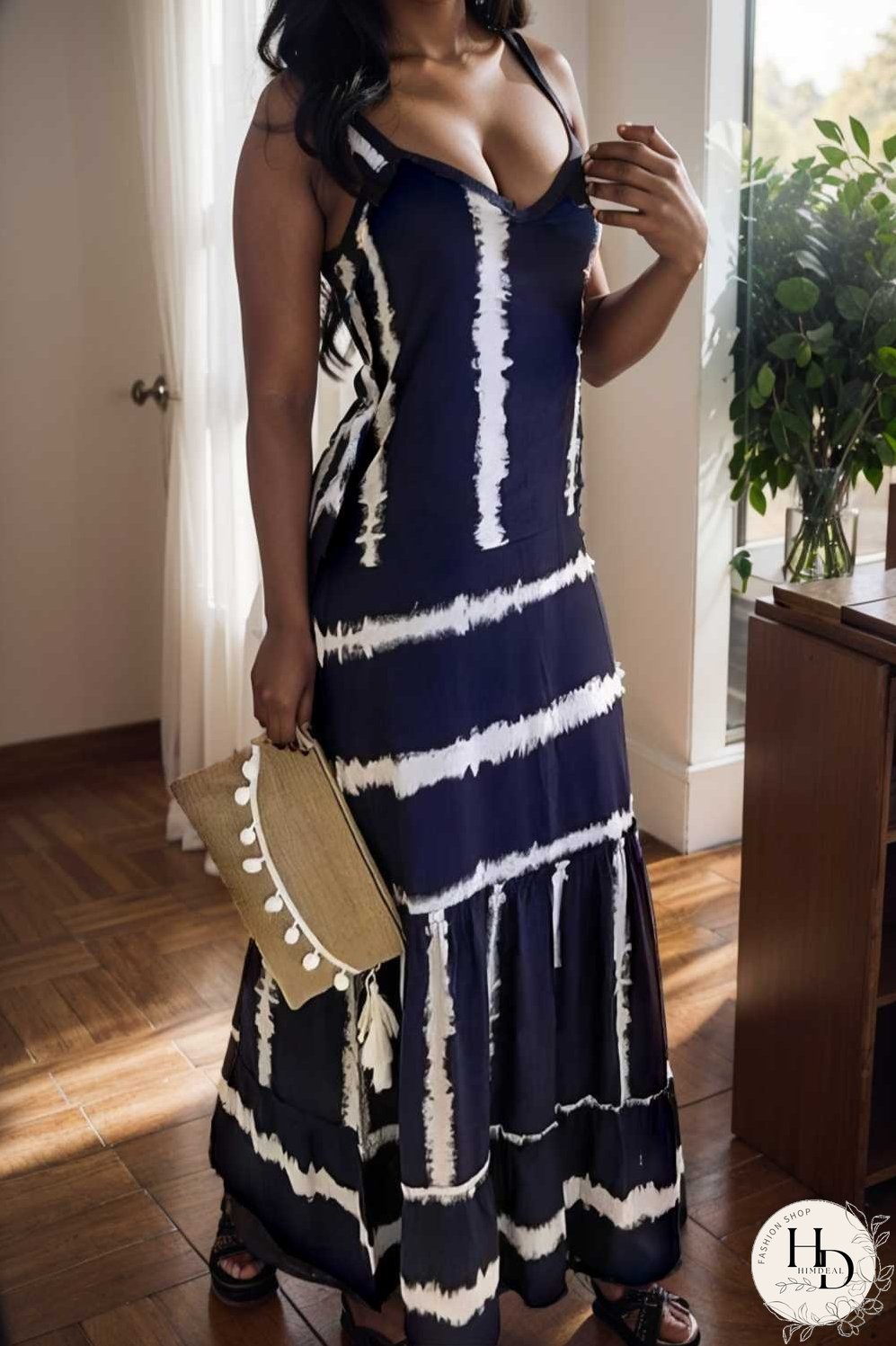 sling stripe print sleeveless fitted dress