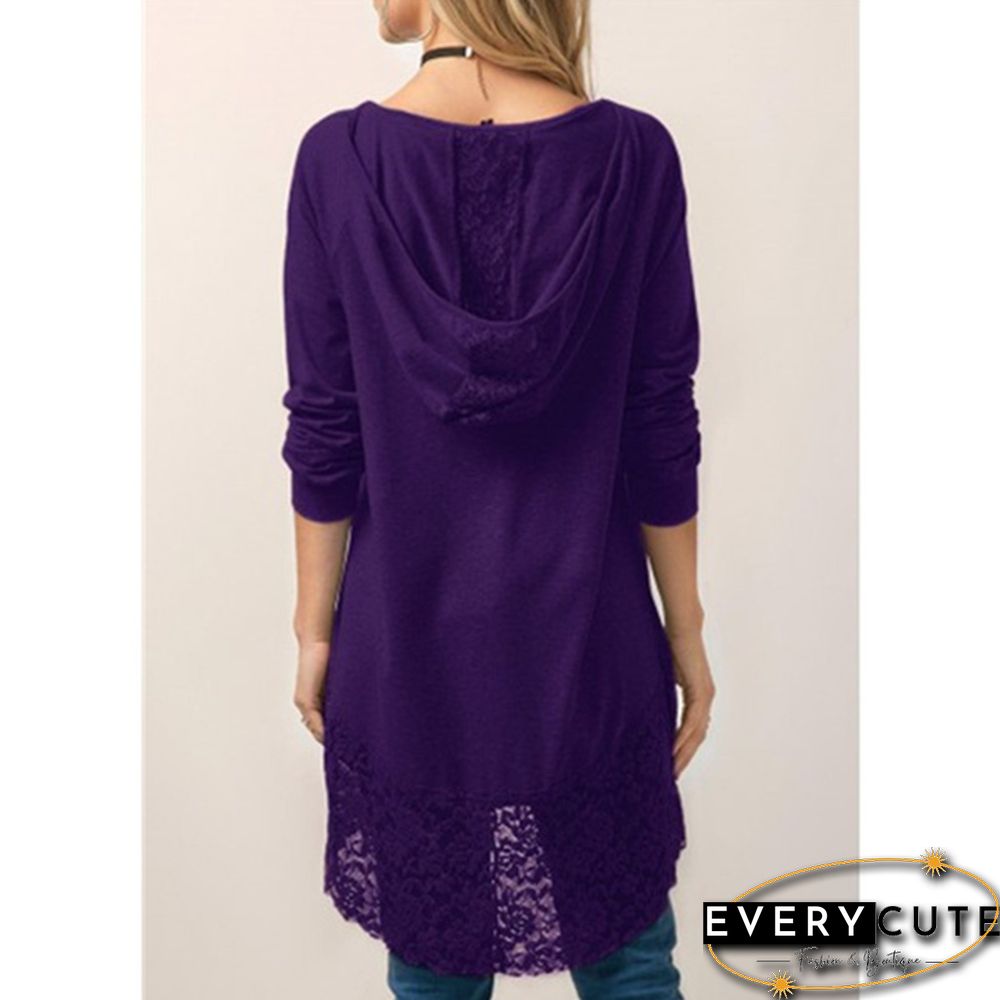 Women Fashion Solid Color Hoodies Long Sleeved T-shirt Autumn Lace Hooded Sweater Plus Size