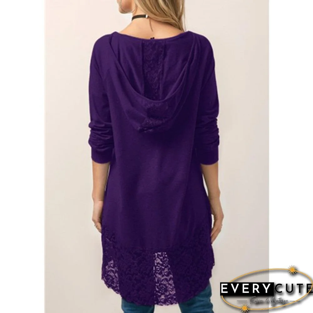 Women Fashion Solid Color Hoodies Long Sleeved T-shirt Autumn Lace Hooded Sweater Plus Size