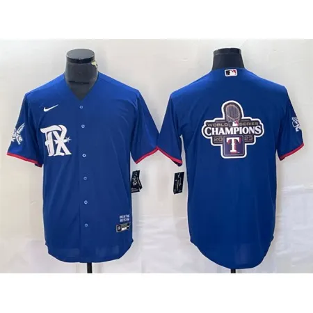 Men's Texas Rangers Royal 2023 World Series Champions Big Logo Cool Base Stitched Baseball Jersey RY9A
