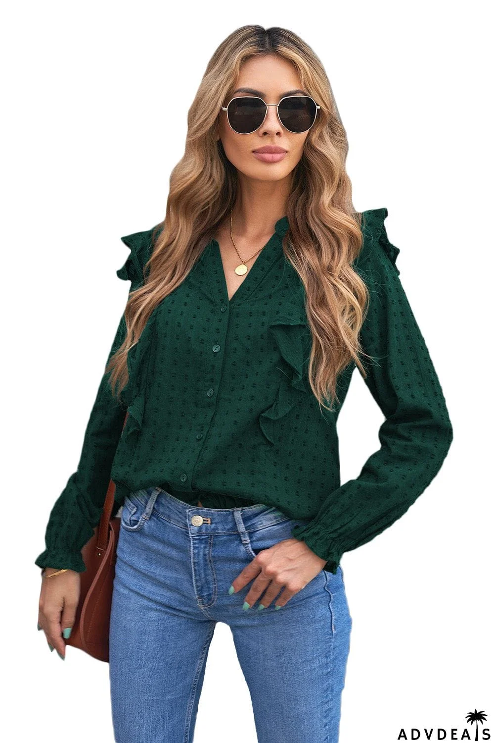 Dotted Texture Sheer Ruffles Bubble Sleeves Shirt