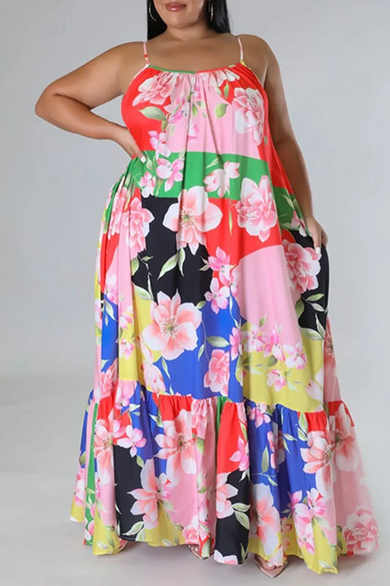 Pink Sexy Print Patchwork Spaghetti Strap Sling Dress Plus Size Dresses | EGEMISS