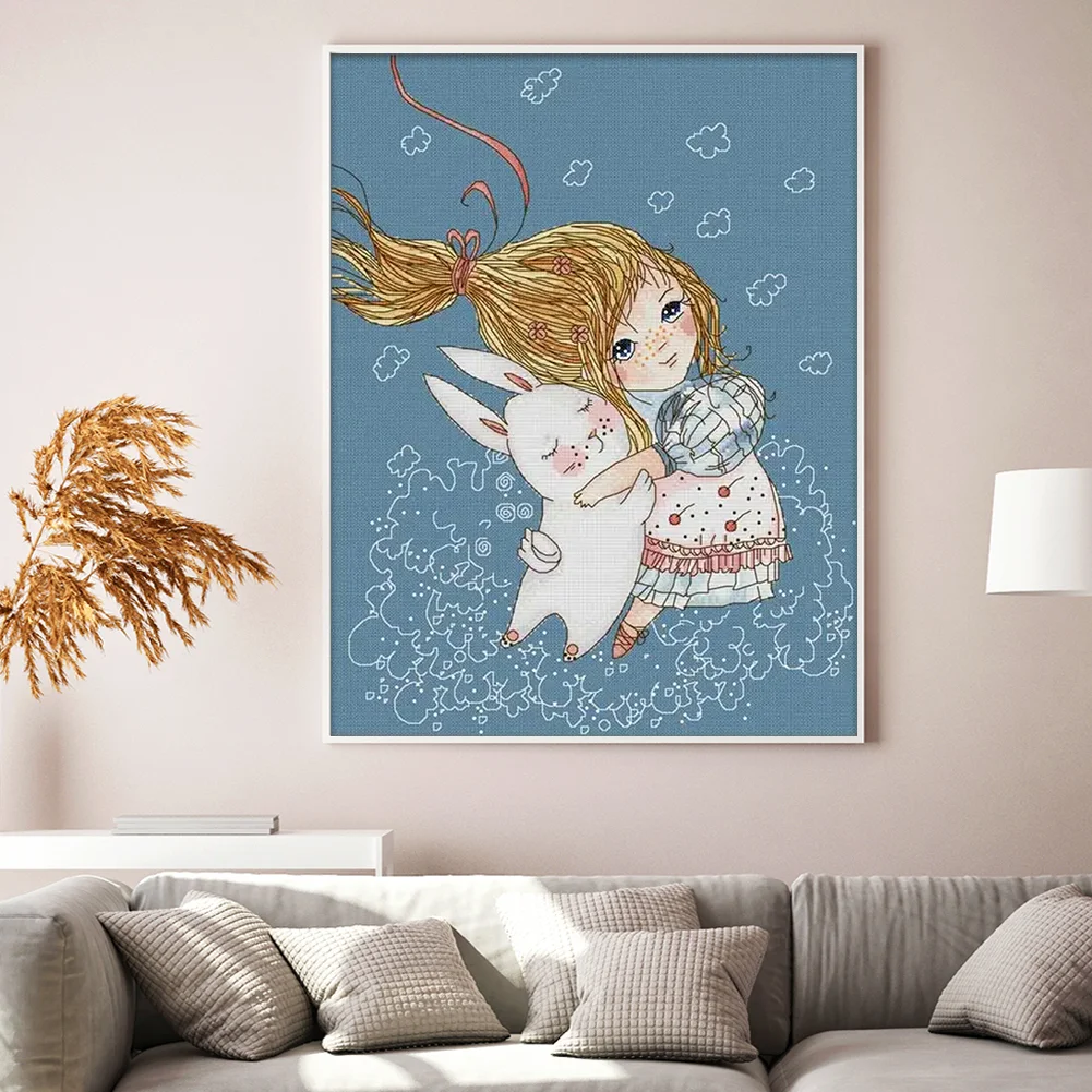 DIY Stamped Cross Stitch 14CT Full Embroidery 35*44cm - Girl And Rabbit