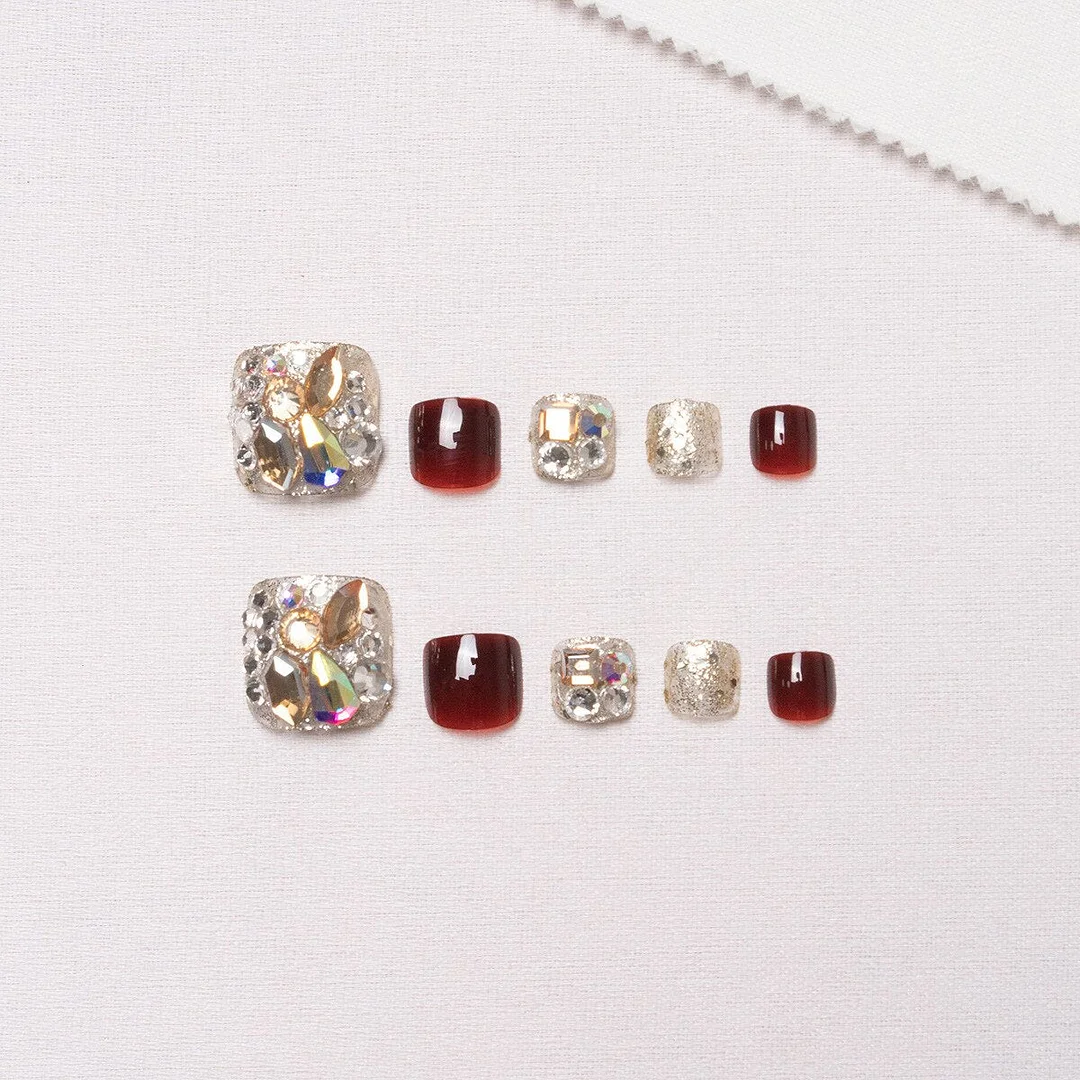 24pcs Blue Color Japanese Summer Wearable Foot Fake Nail Short Length Paillette Faux Rhinestone Decor Finished press on toenails-Nail Inspo