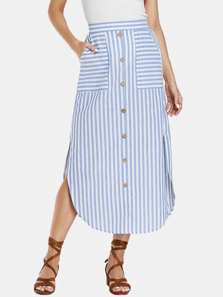 Striped Print Slit Button Pocket Long Casual Skirt for Women - Shop Trendy Women's Fashion | TeeYours
