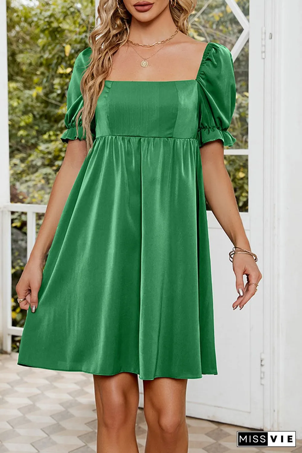 Sweet Elegant Solid Fold Square Collar A Line Dresses