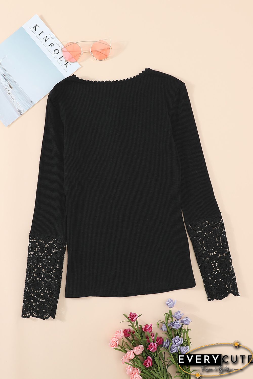 Black Crochet Lace Hem Sleeve Button Top