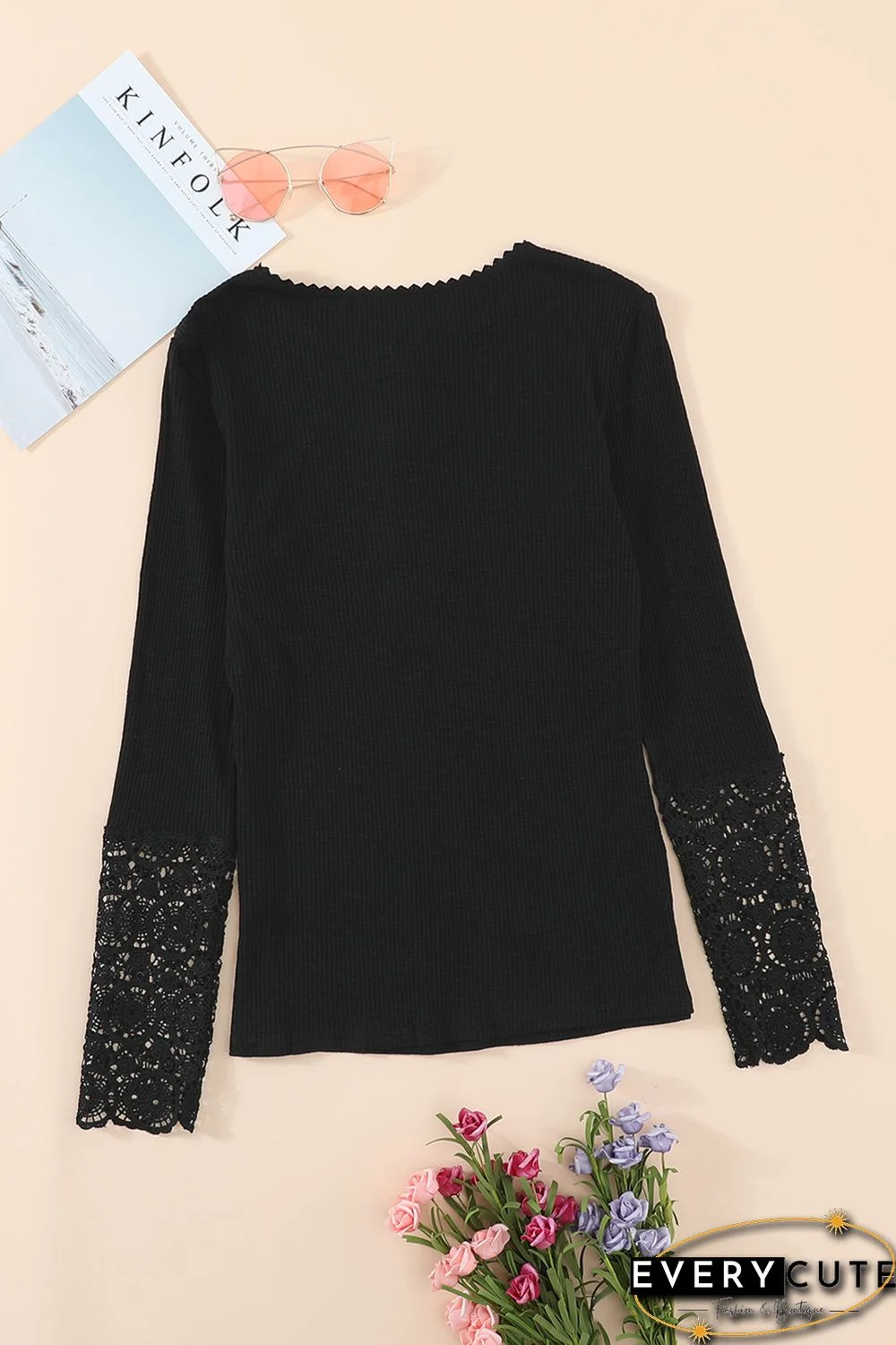 Black Crochet Lace Hem Sleeve Button Top