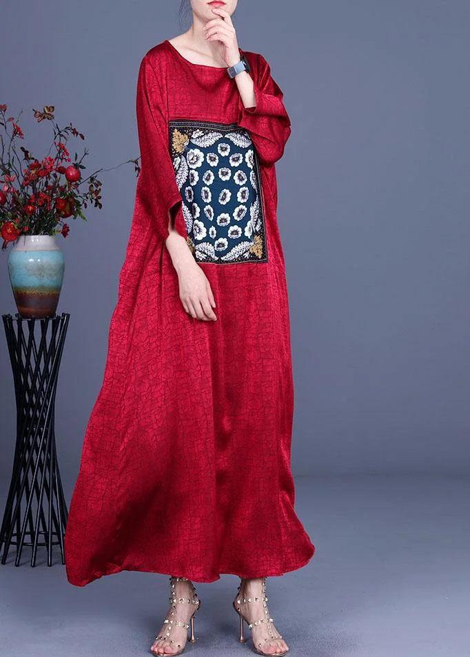Loose Red Patchwork Print Dress Loose Silk Summer Maxi Dress