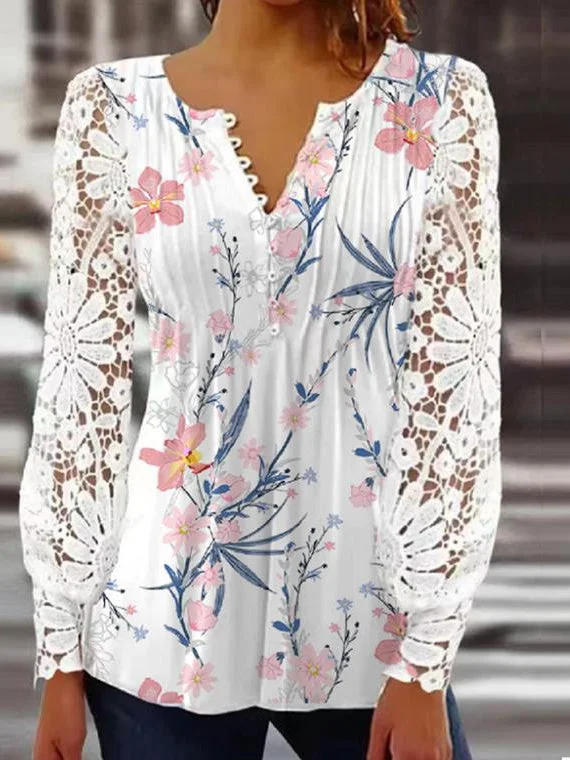 Women's Floral Printed Long Sleeve V-neck Top