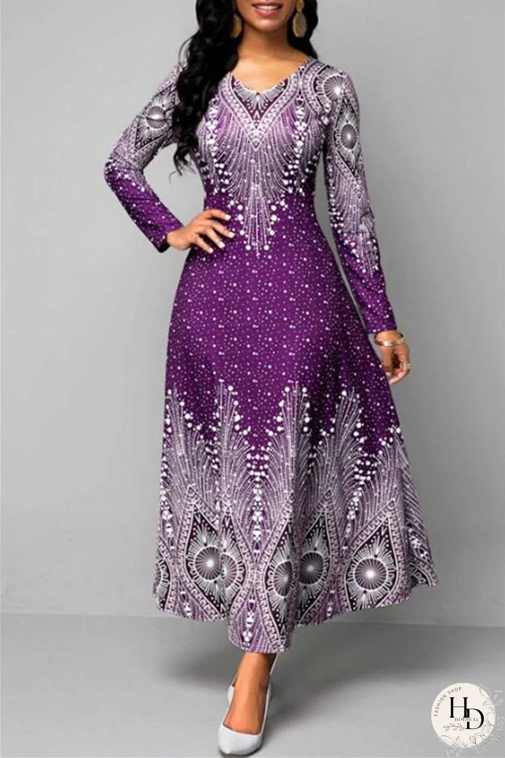 Purple Casual Print Basic O Neck Long Sleeve Dresses