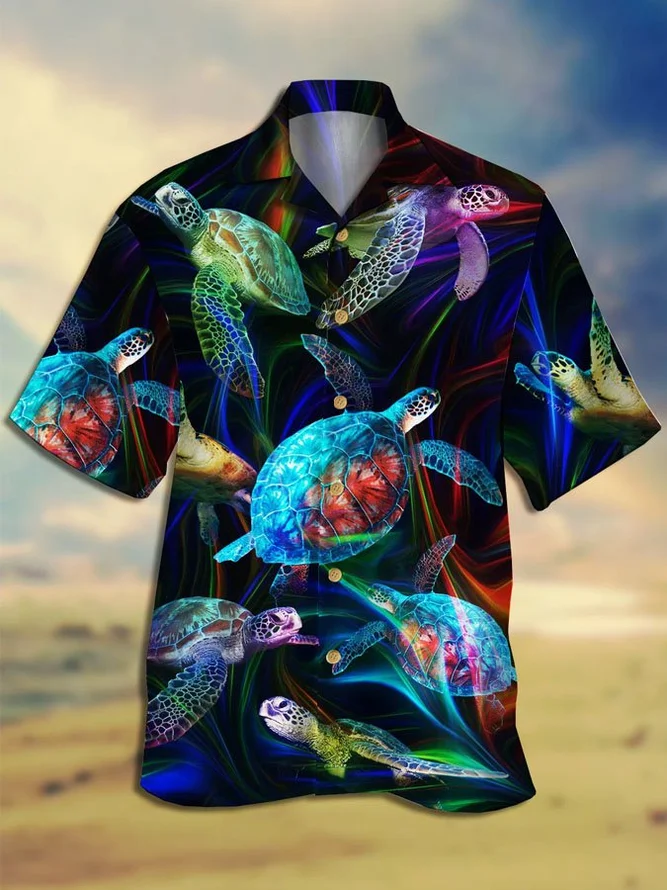Men's Colorful Turtle Print Casual Short Sleeve Shirt