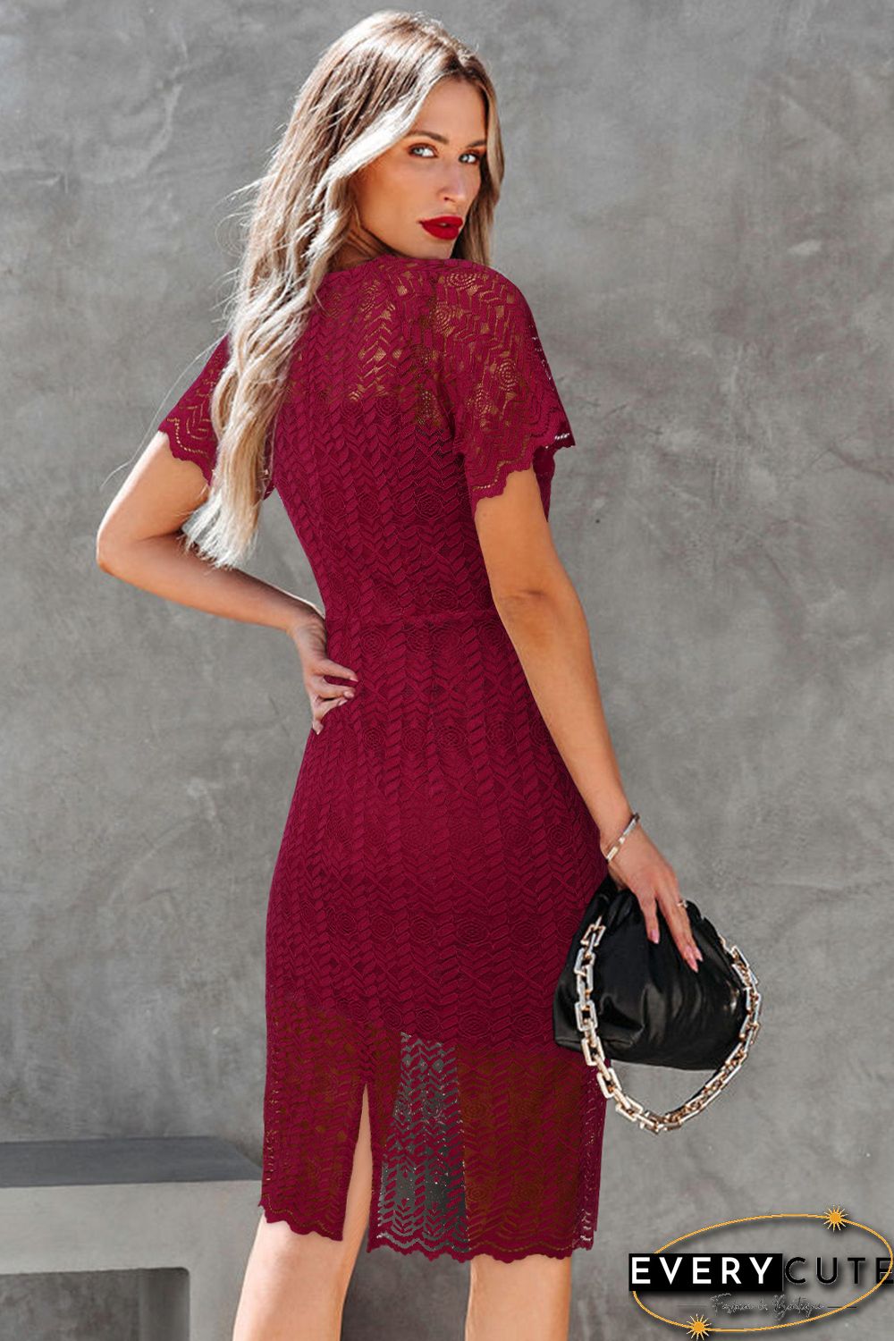 Red Crochet Short Sleeves Lined Midi Dress