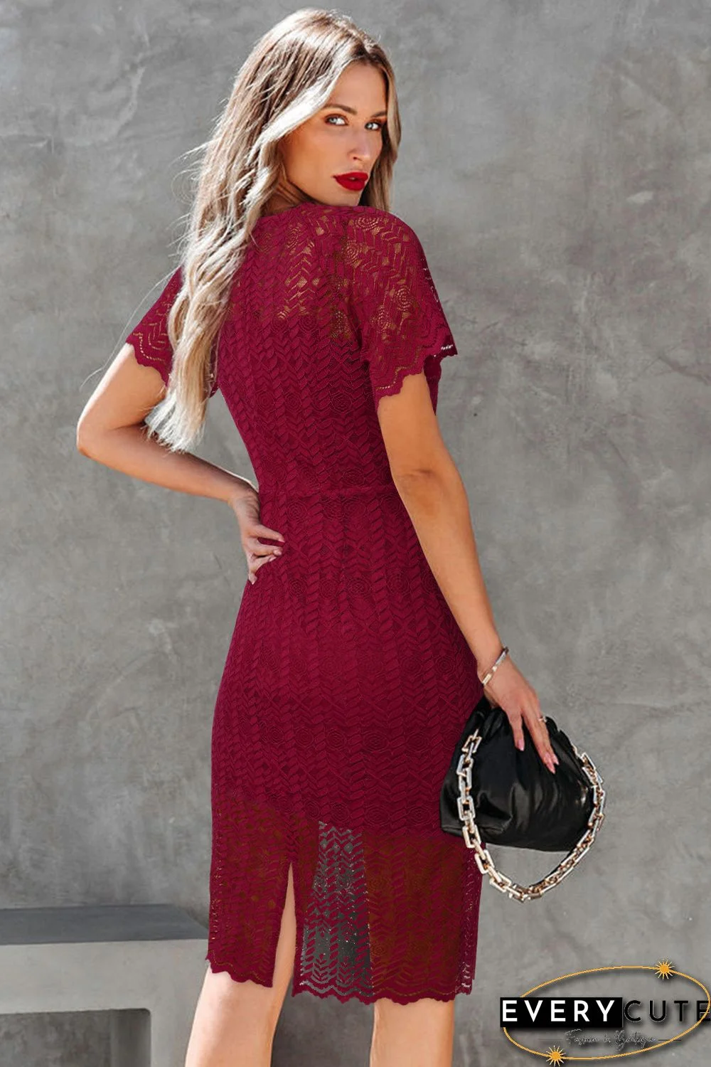 Red Crochet Short Sleeves Lined Midi Dress