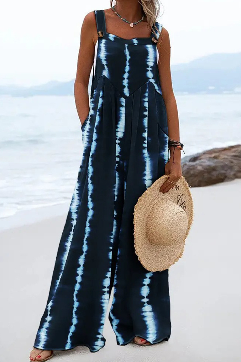 Casual Print Patchwork Square Collar Straight Jumpsuits