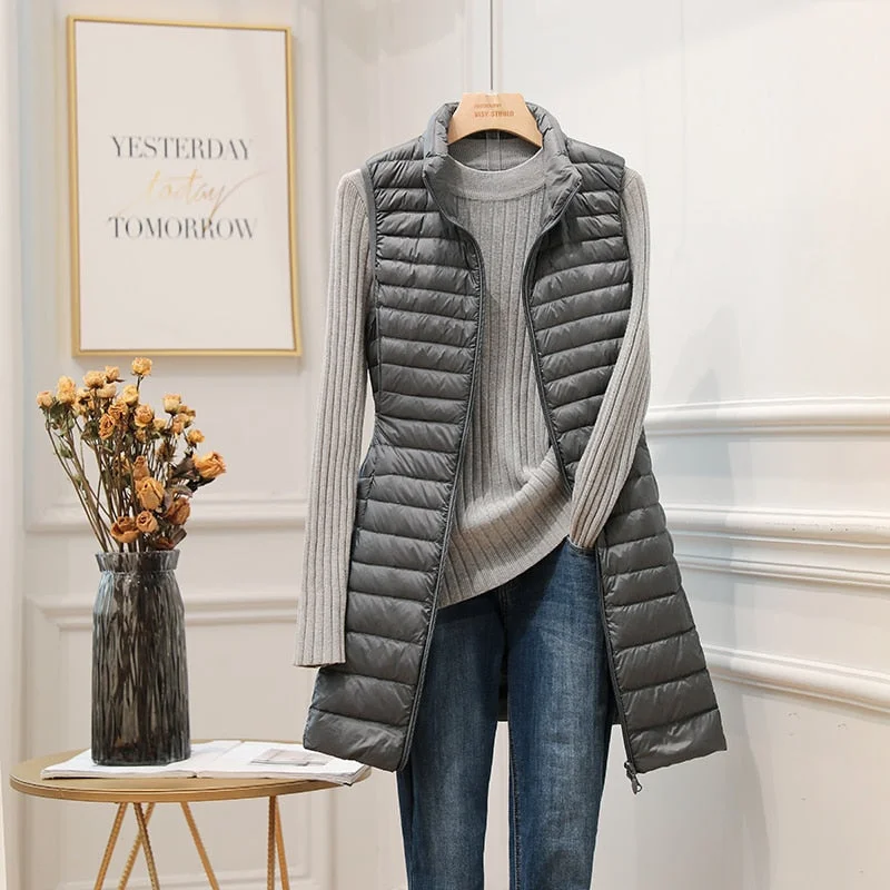 FTLZZ New Winter Women Ultra Light White Duck Down Jacket Zipper Medium Long Vest Stand Collar Outerwear 4XL Plus Size Down Coat