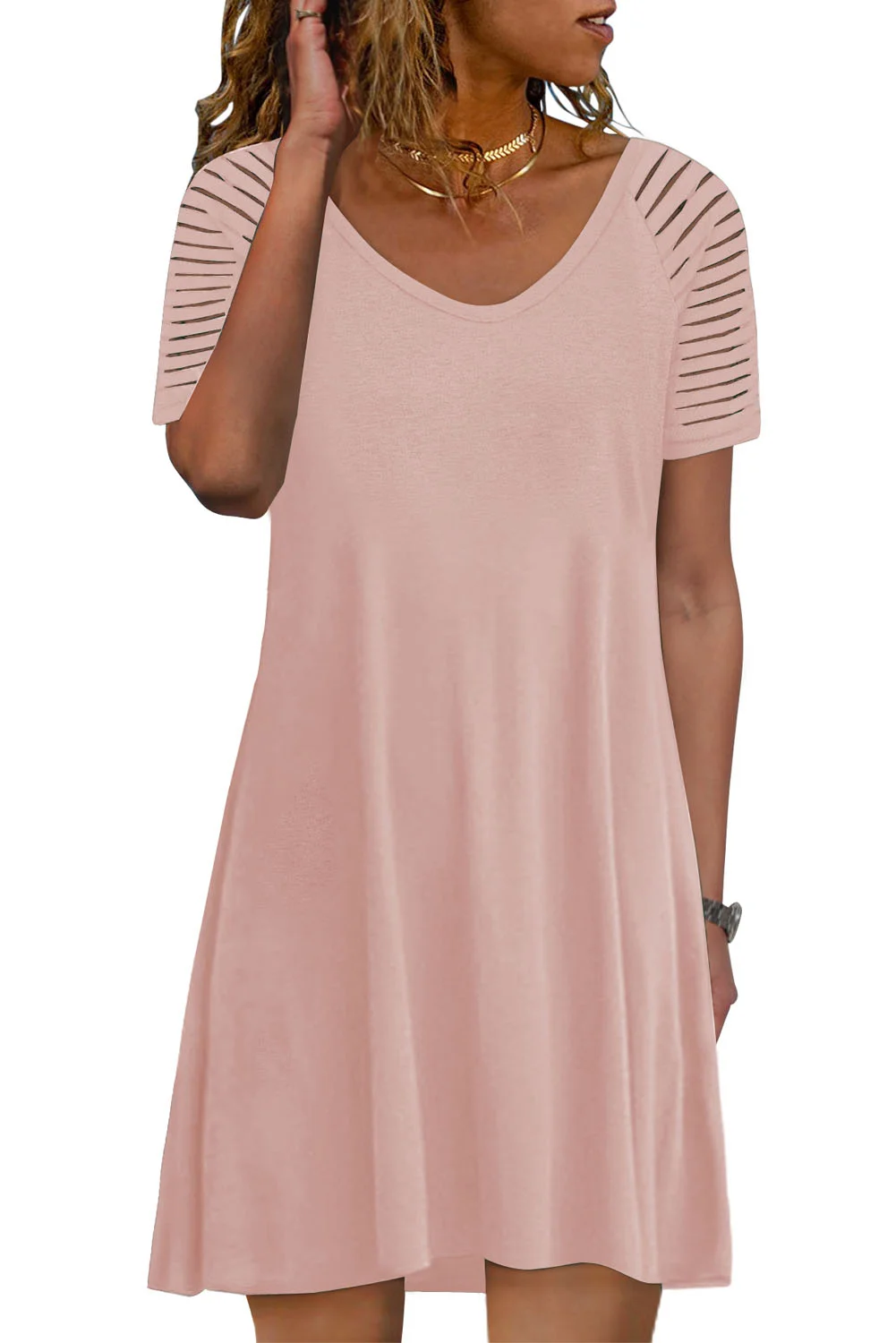 Pink Sheer Striped Short Sleeve Flare T-shirt Mini Dress