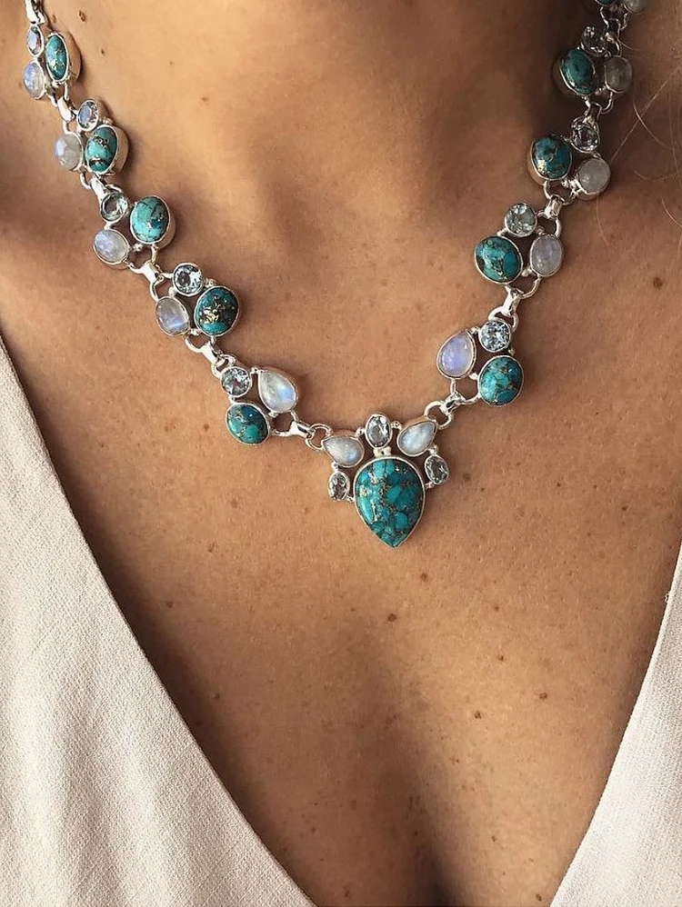 Tribal Turquoise Rhinestone Pendant Alloy Chain Boho Necklace