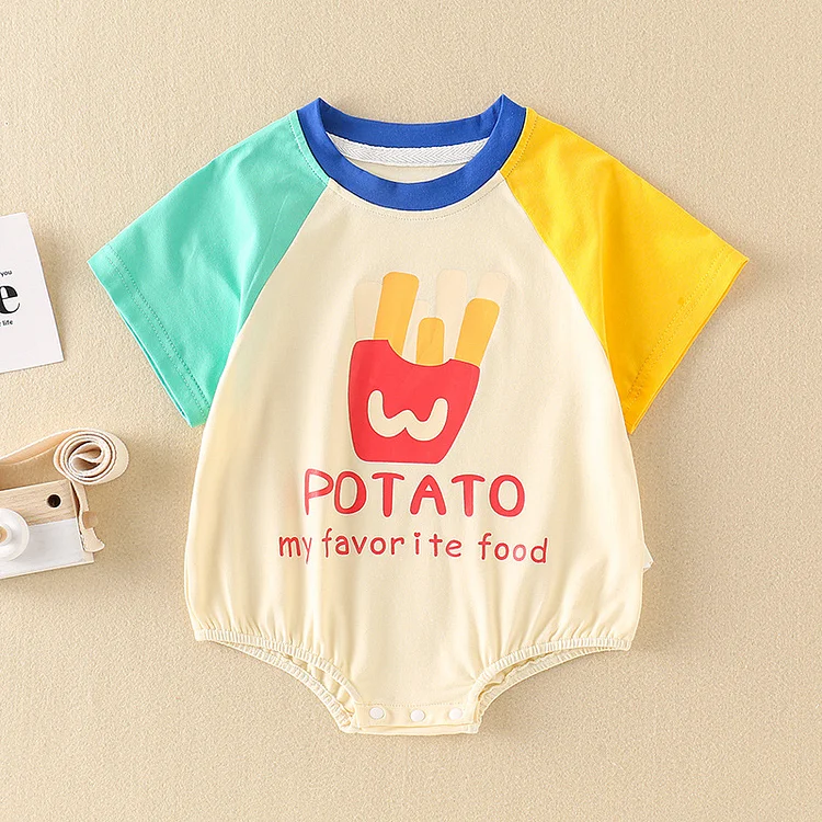 Baby Boy/Girl Block Color Colorful Casual Fashion Potato and Letter Short Sleeve Bodysuit