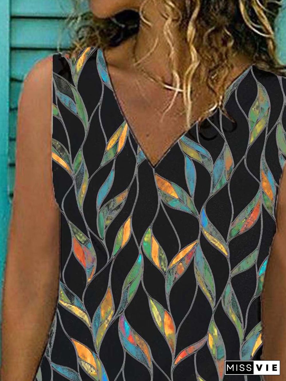 Geometric Sleeveless Printed Cotton-blend V neck Vintage Summer Black Top