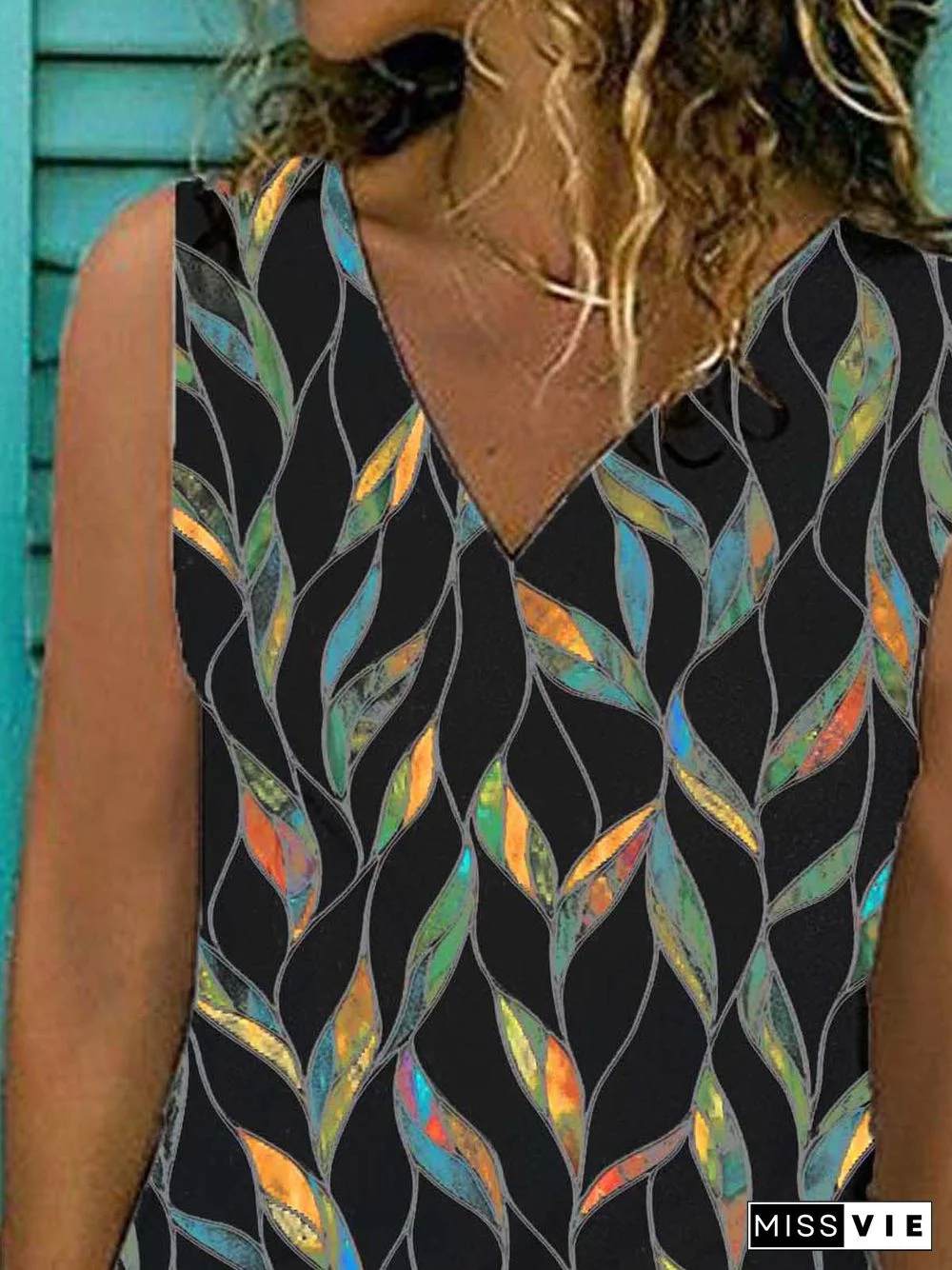 Geometric Sleeveless Printed Cotton-blend V neck Vintage Summer Black Top
