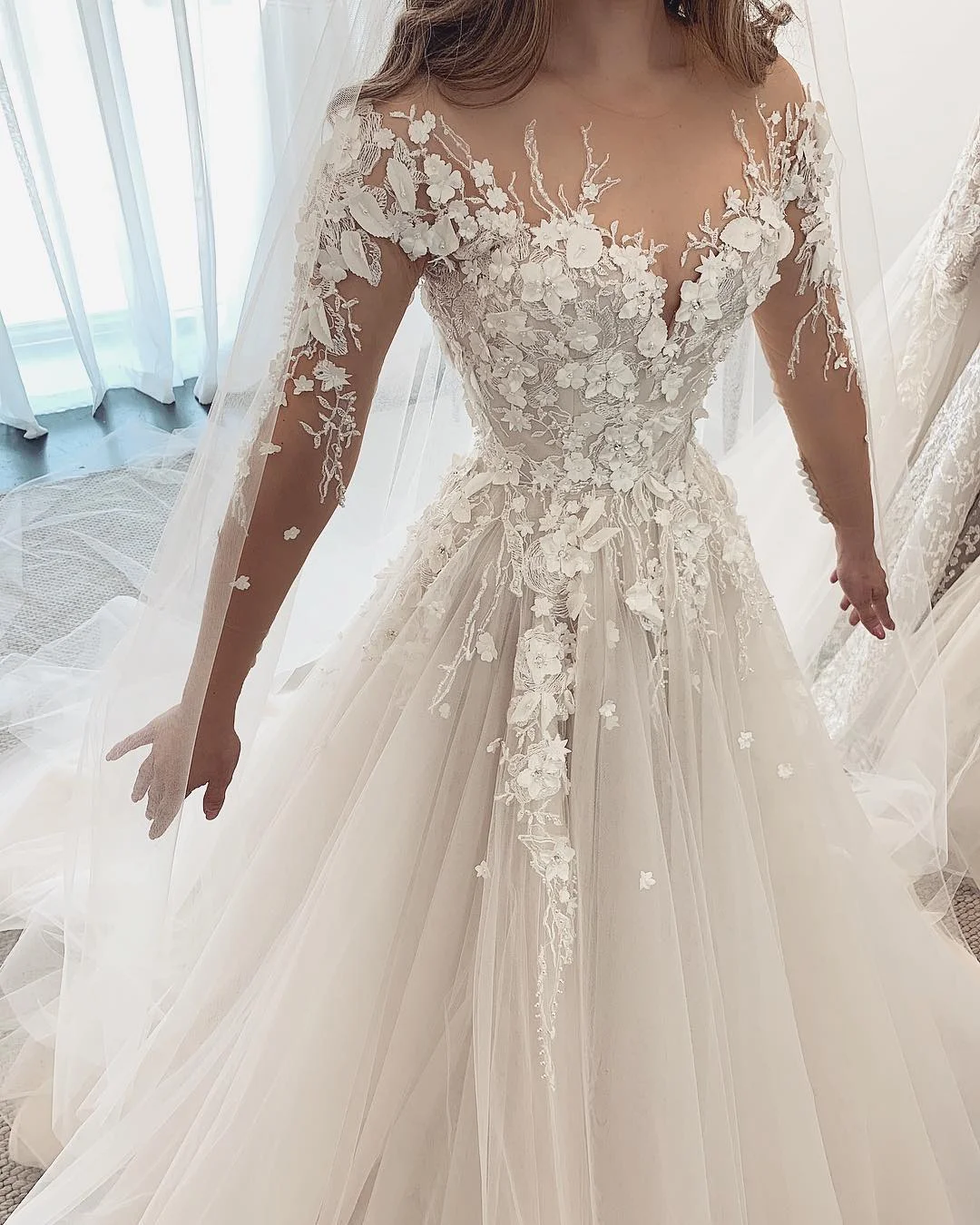 Daisda Elegant A-Line Sweetheart Long Sleeve Tulle Wedding Dress With ...
