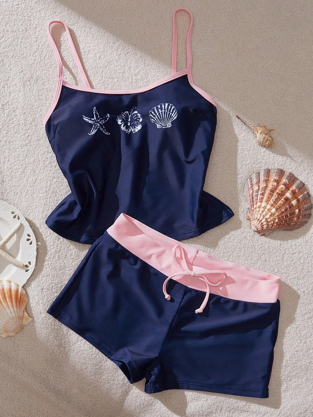 Seashell Starfish Print Contrast Pink Trim Cami Top & Drawstring Shorts Set