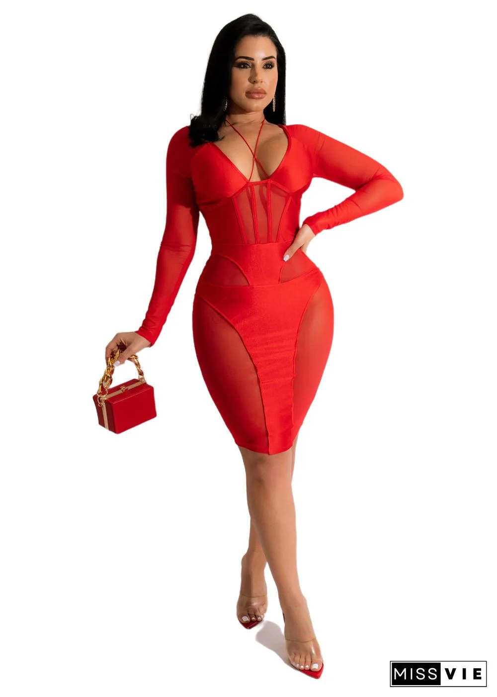 Mesh Patchwork Long Sleeve Bodycon Party Club Dress