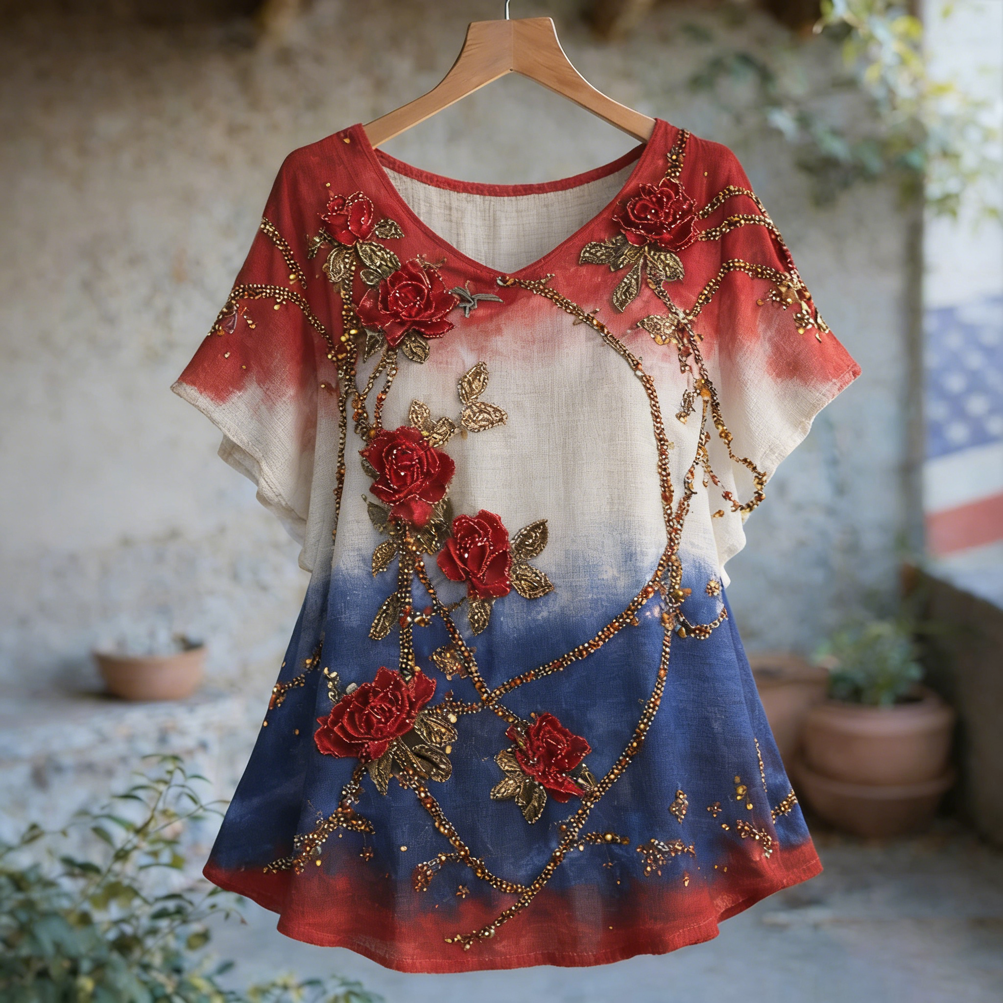 Women's Retro Independence Day Printed Patchwork Flowers T-shirt wearshes