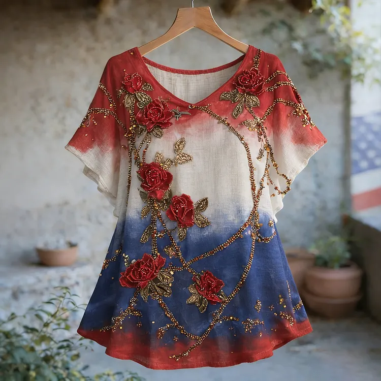 Women's Retro Independence Day Printed Patchwork Flowers T-shirt