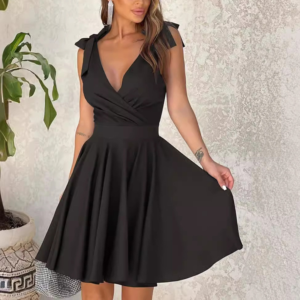 Fashion Sexy Women's Sling A-line Party Dresses Summer Streetwear ladies V-neck sleeveless Solid High-Waist Midi Dress vestidos