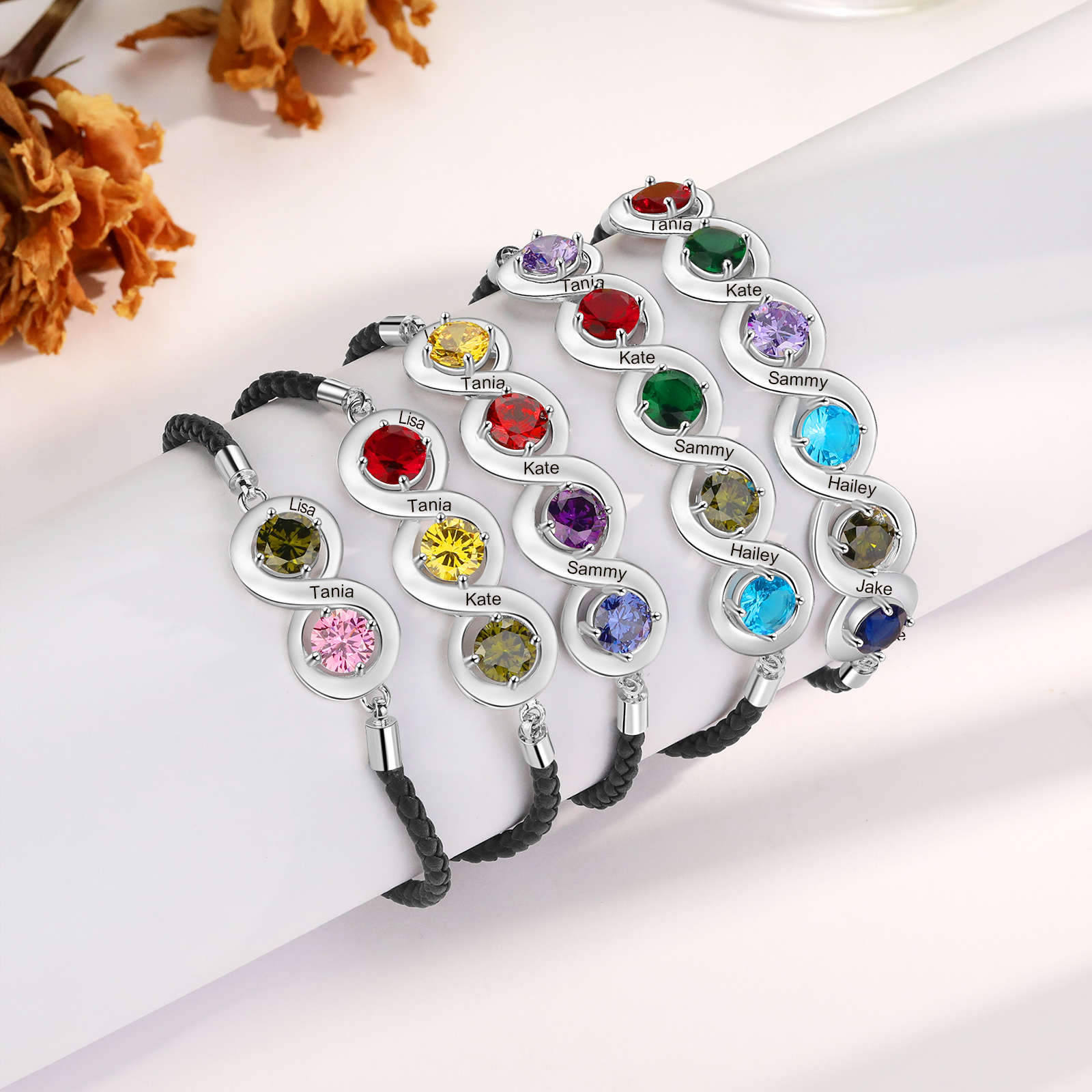 Braccialetto infinito personalizzato con 5 nomi e 5 pietre di nascita regalo per donna