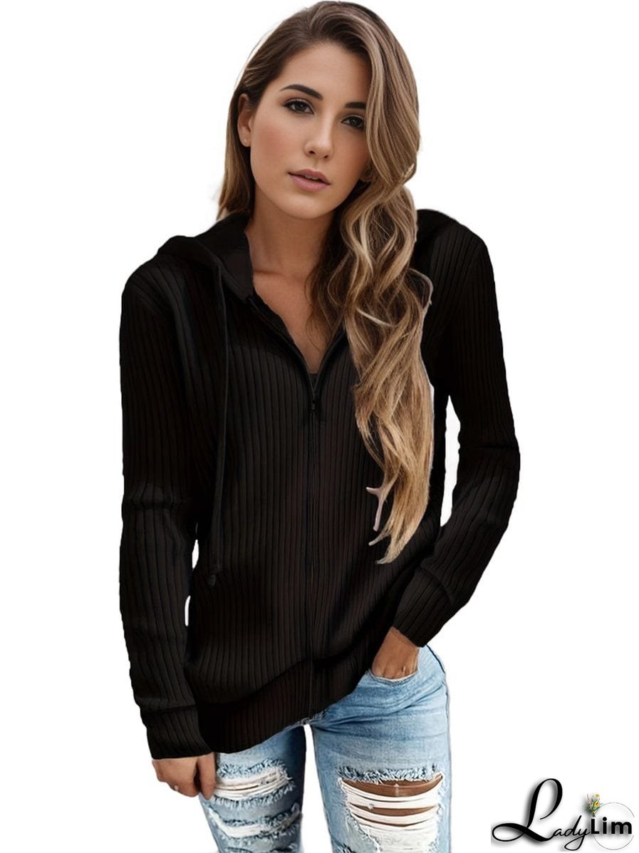 Plus Size Casual Coat, Women's Plus Solid Ribbed Zip Up Long Sleeve Drawstring Hoodie Sweater